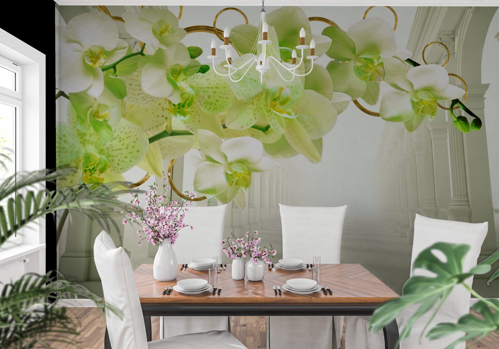 Fotobehang witte en groene orchidee tegen witte pilaren