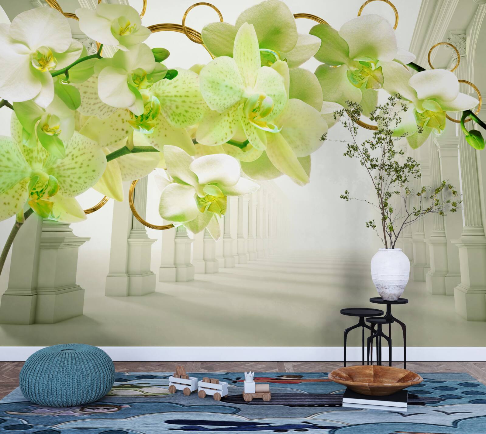 Fotobehang witte en groene orchidee tegen witte pilaren