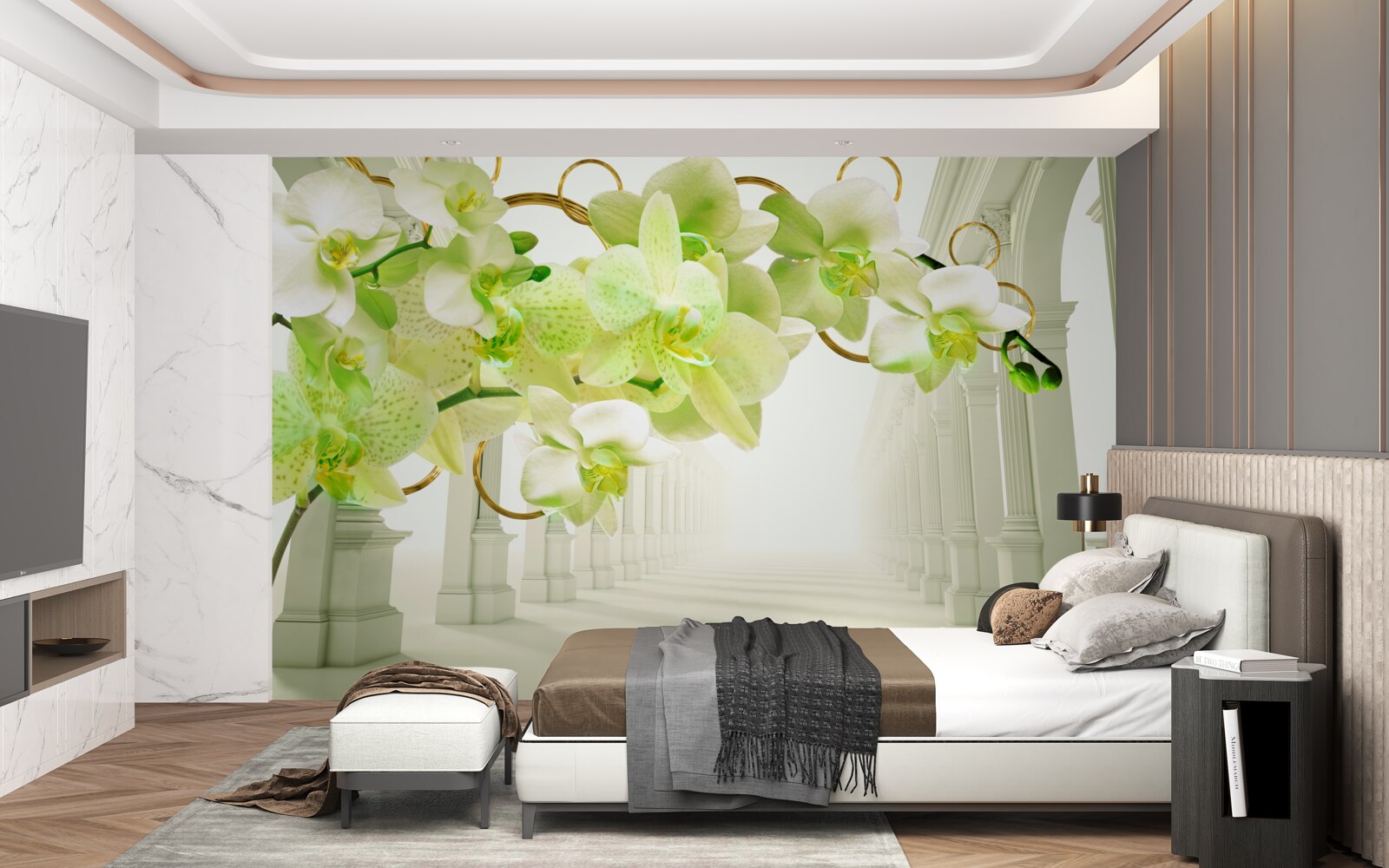 Fotobehang witte en groene orchidee tegen witte pilaren