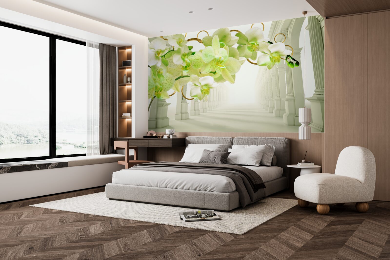 Fotobehang witte en groene orchidee tegen witte pilaren