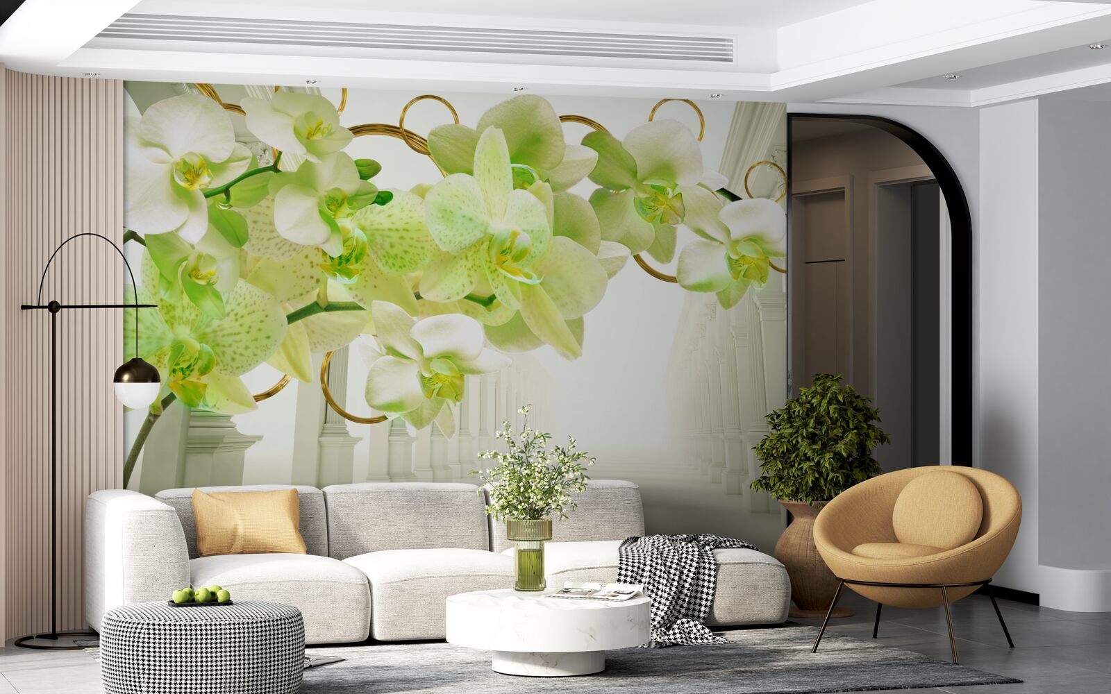 Fotobehang witte en groene orchidee tegen witte pilaren