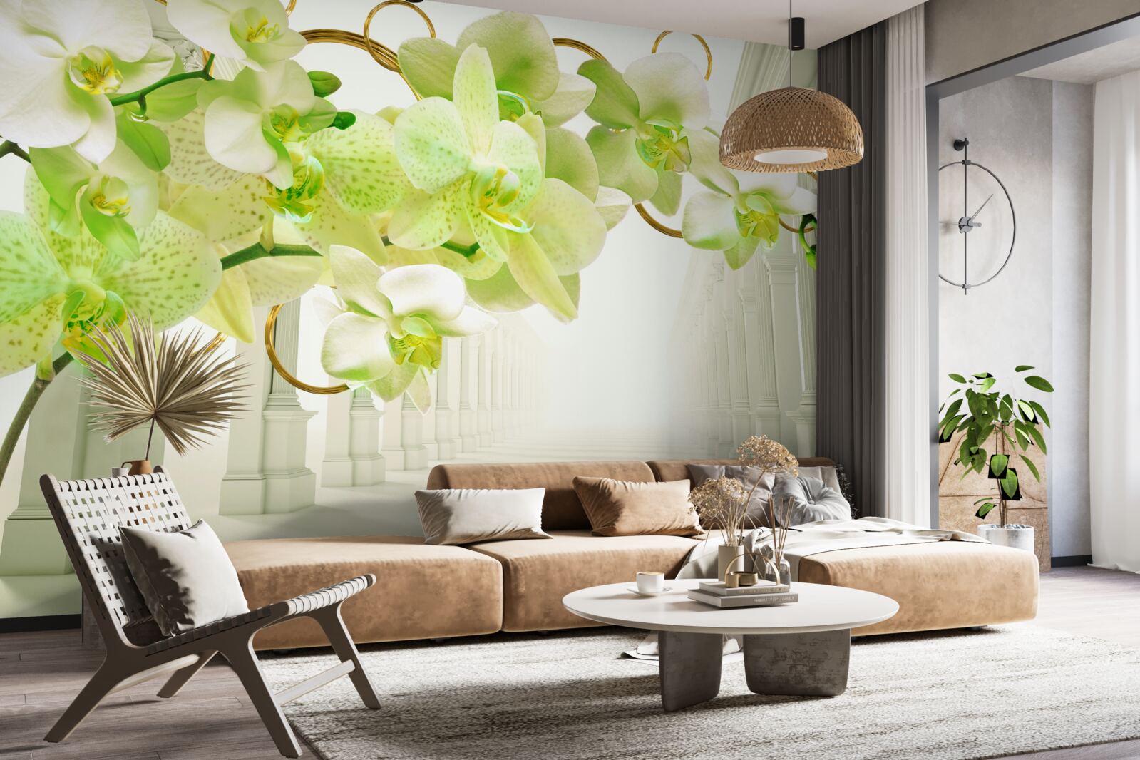 Fotobehang witte en groene orchidee tegen witte pilaren