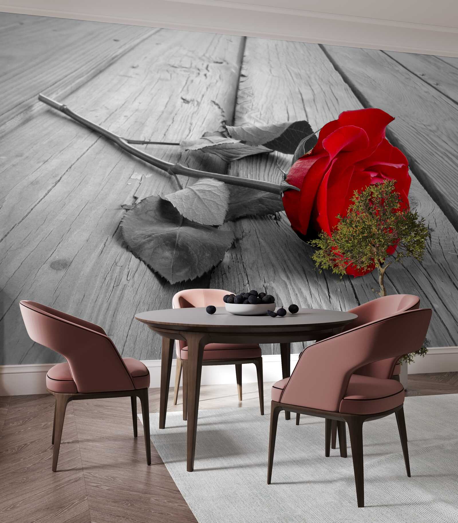 Fotobehang een rode roos bloeide op een grijze achtergrond