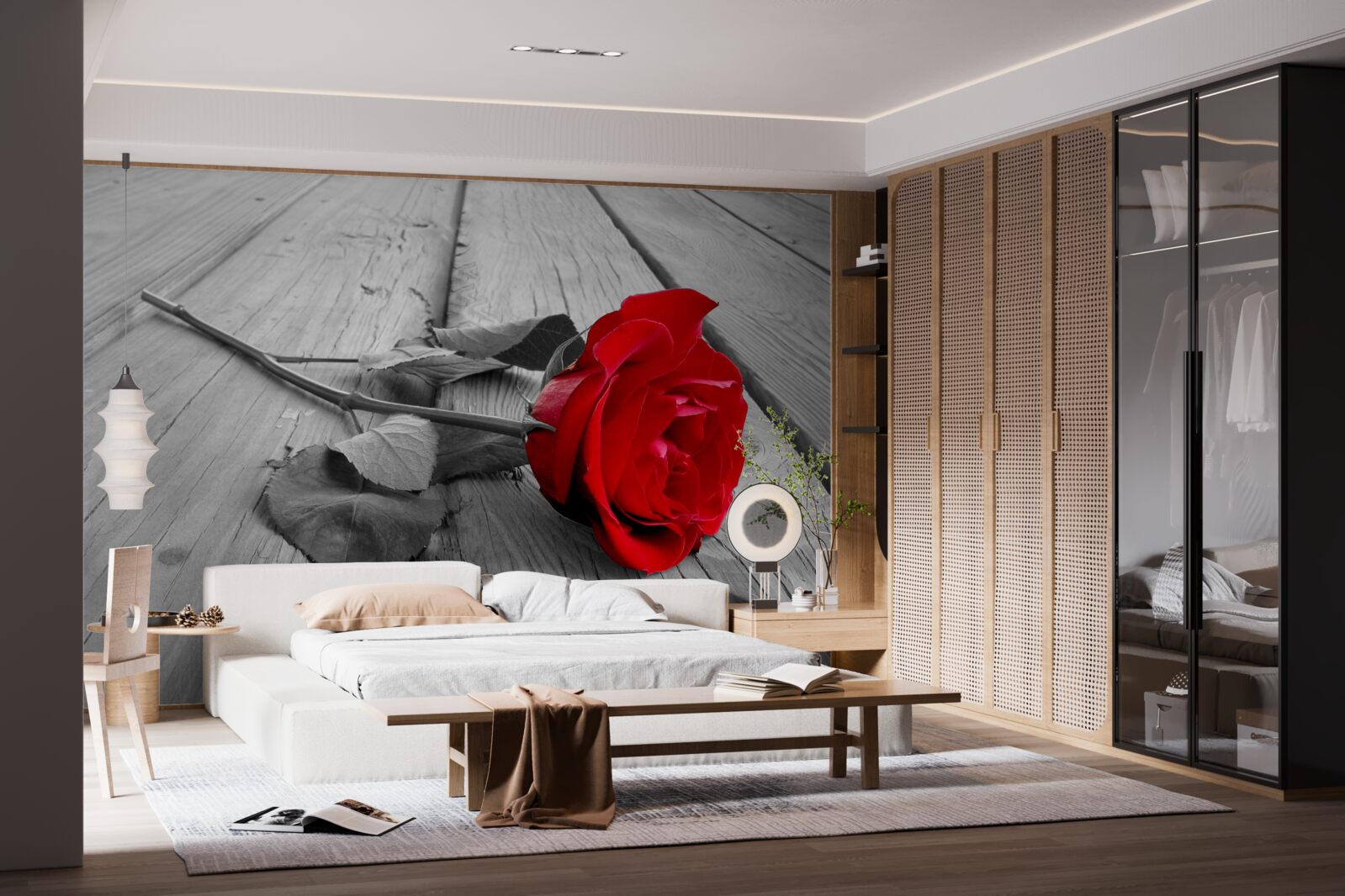 Fotobehang een rode roos bloeide op een grijze achtergrond