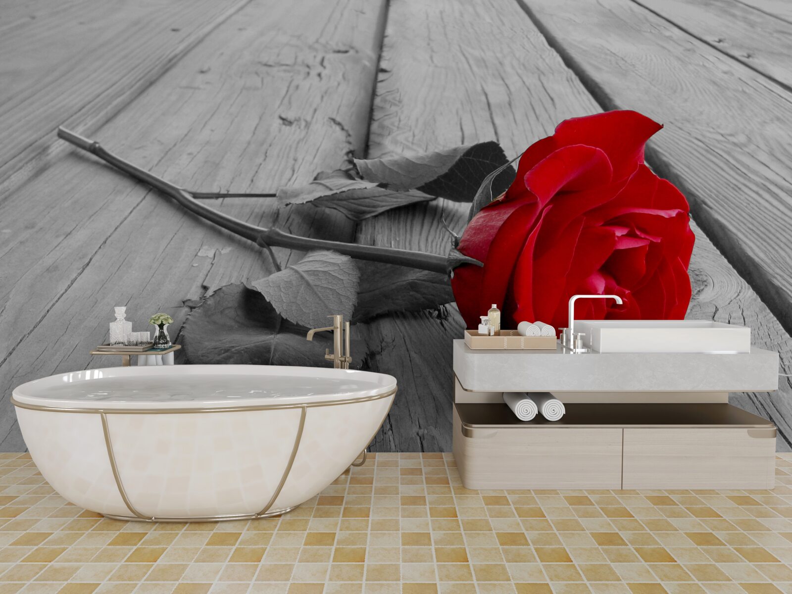 Fotobehang een rode roos bloeide op een grijze achtergrond