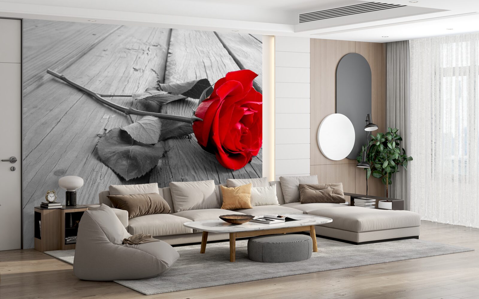 Fotobehang een rode roos bloeide op een grijze achtergrond