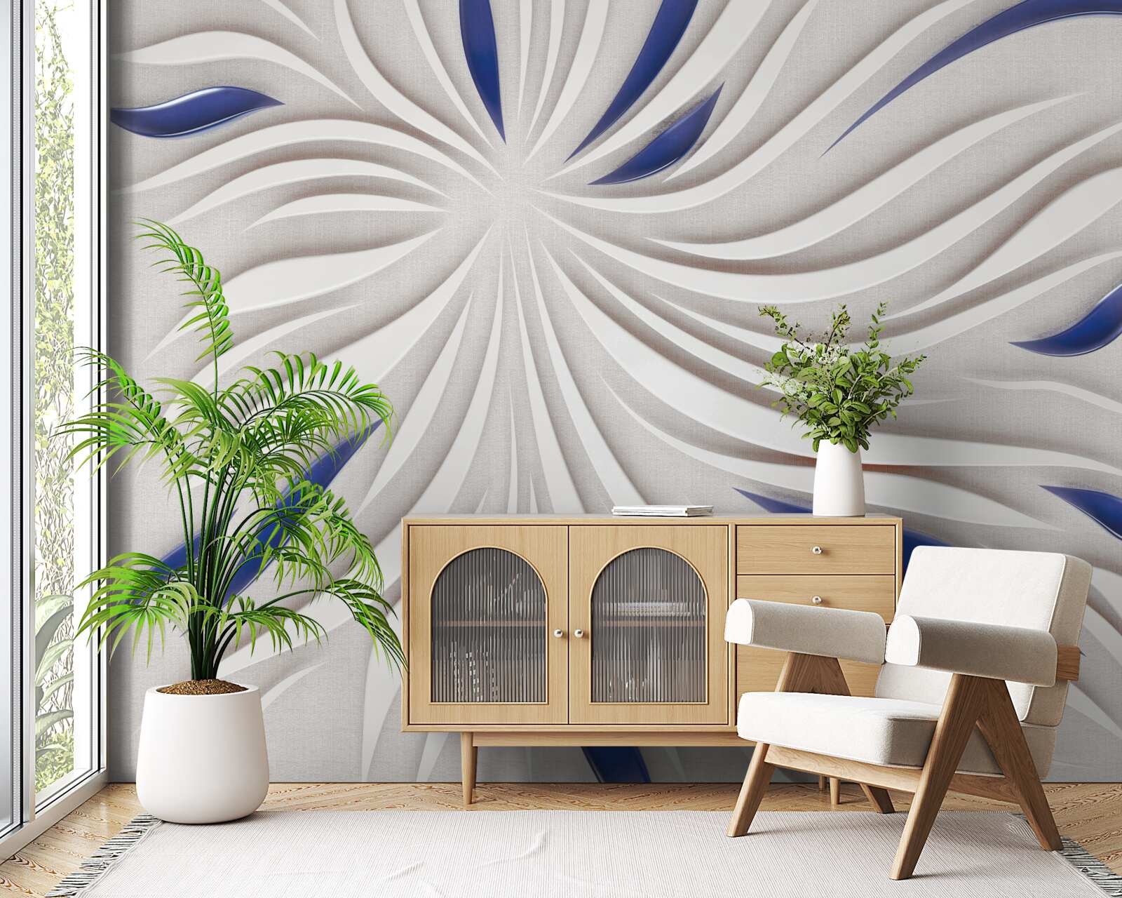 Fotobehang abstracte blauwe en witte lijnen