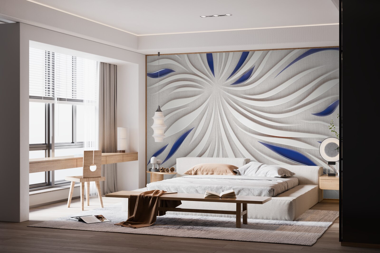 Fotobehang abstracte blauwe en witte lijnen