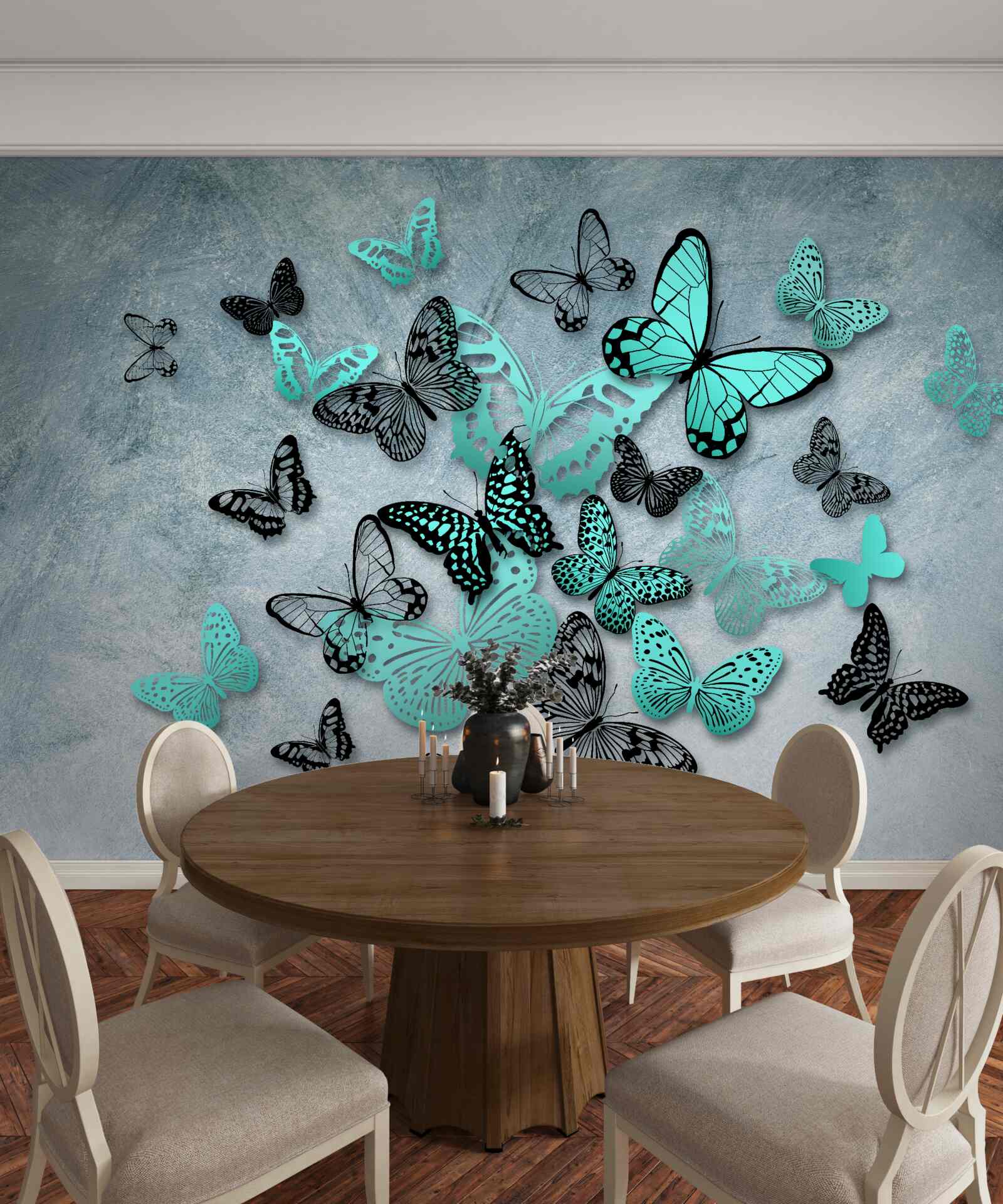 Fotobehang blauwe vlinders op grijze achtergrond