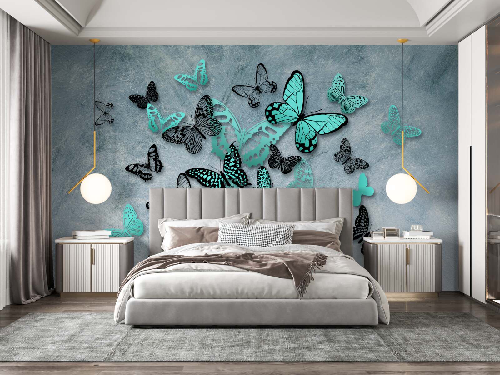 Fotobehang blauwe vlinders op grijze achtergrond