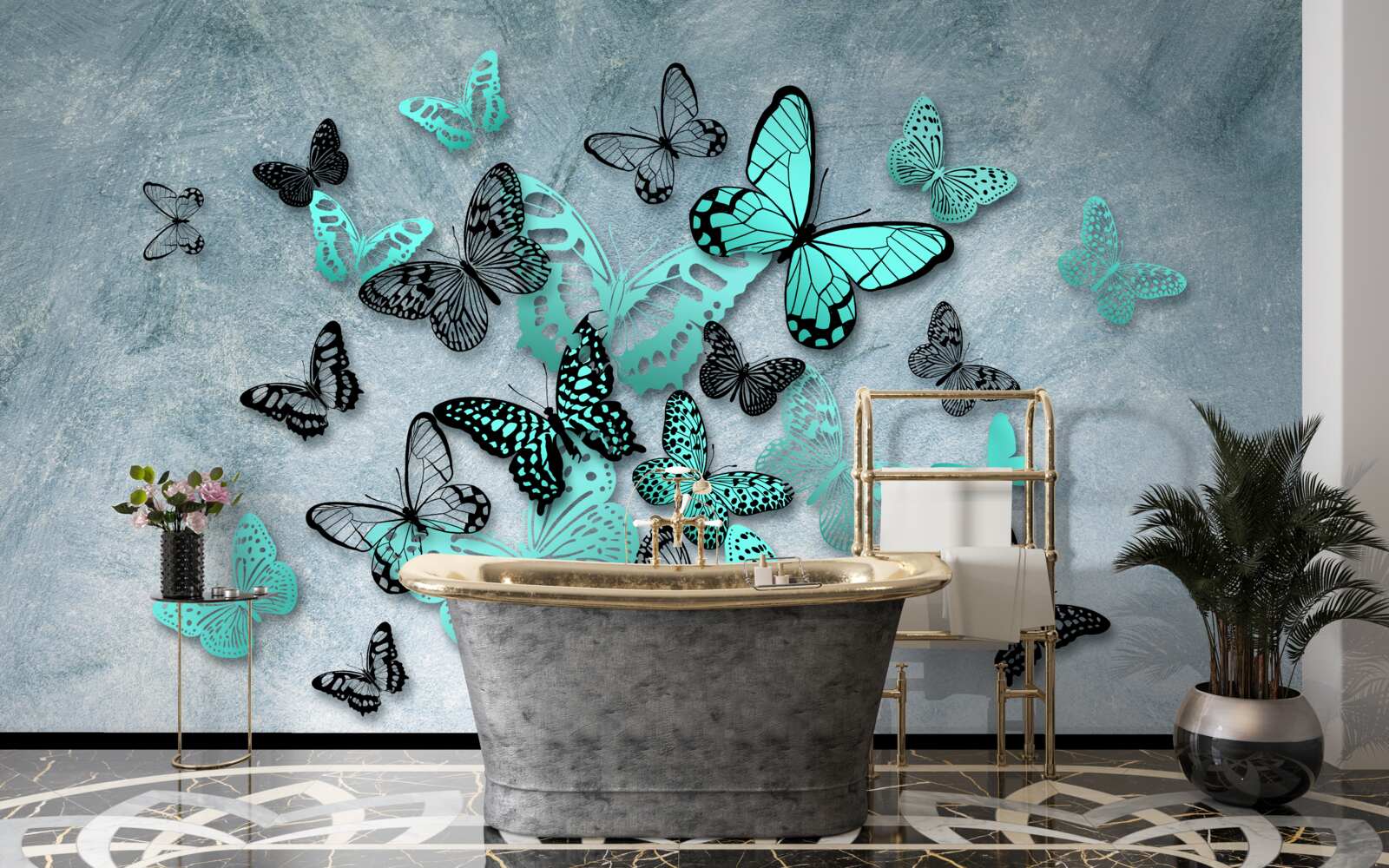 Fotobehang blauwe vlinders op grijze achtergrond