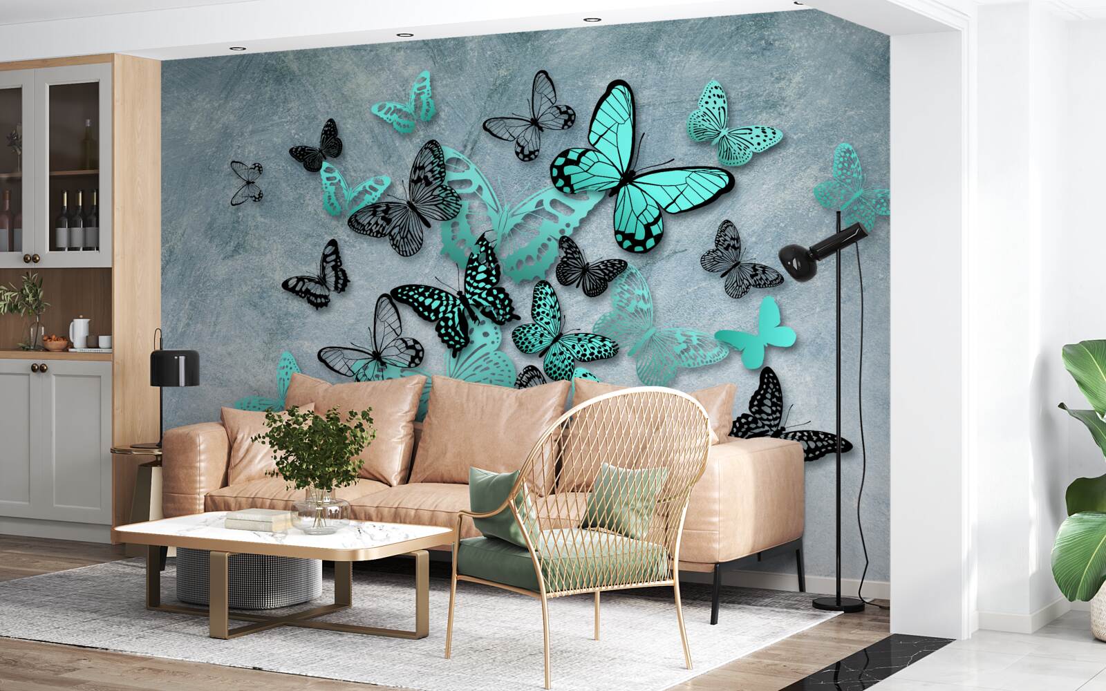 Fotobehang blauwe vlinders op grijze achtergrond