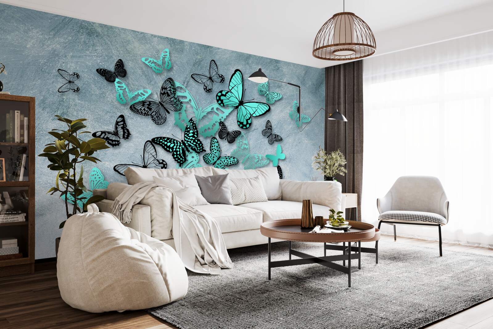 Fotobehang blauwe vlinders op grijze achtergrond