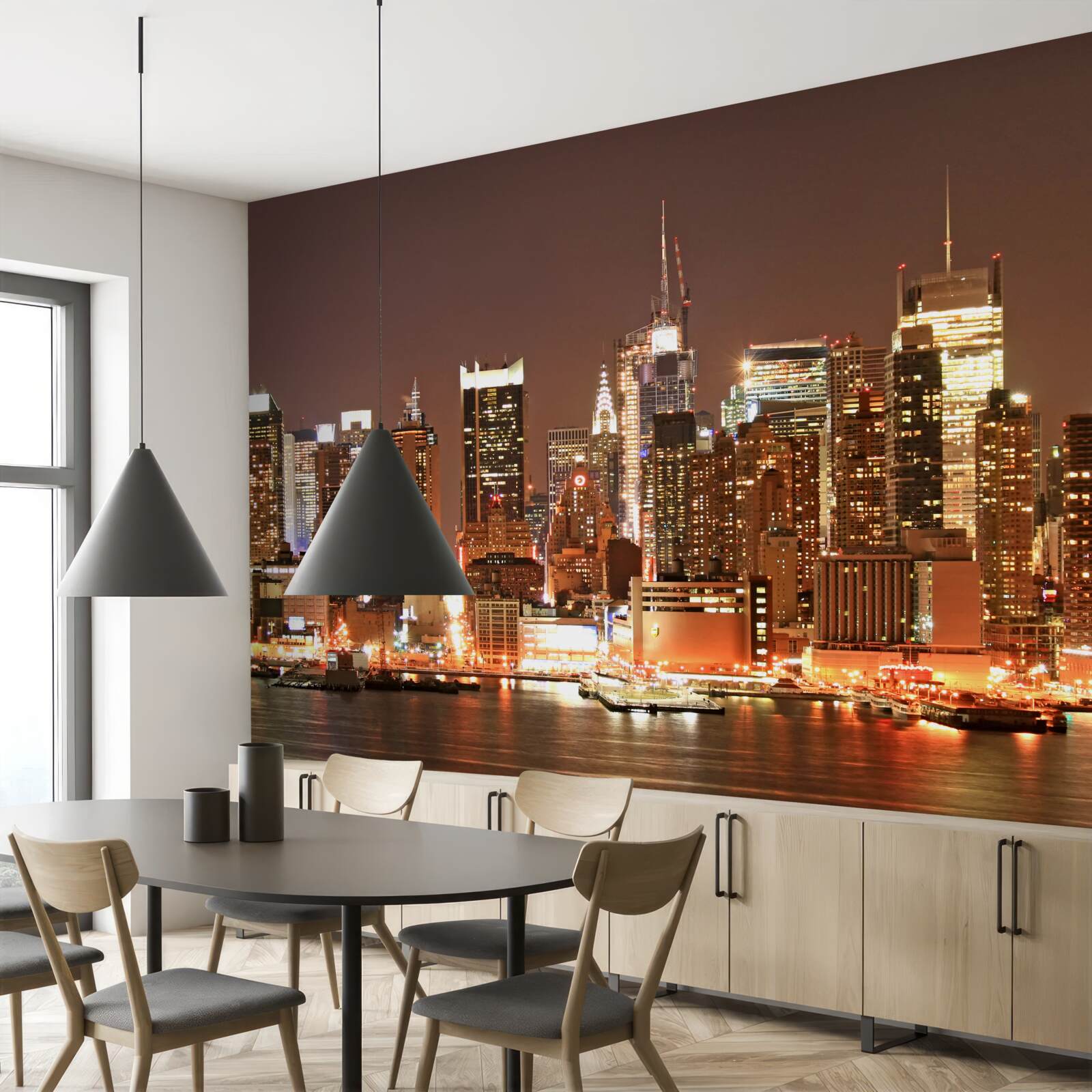 Fotobehang gemoderniseerde stad bij nacht en wolkenkrabbers