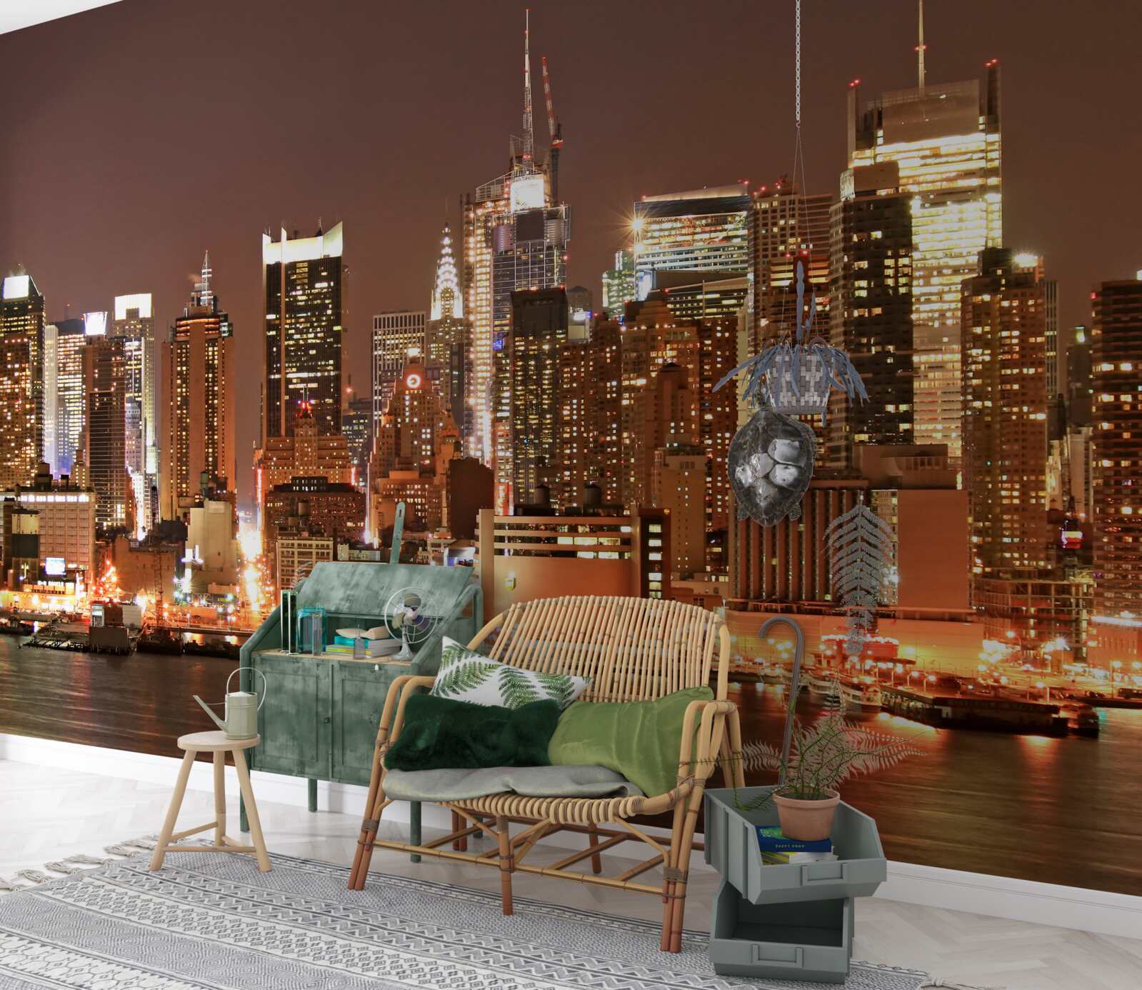 Fotobehang gemoderniseerde stad bij nacht en wolkenkrabbers