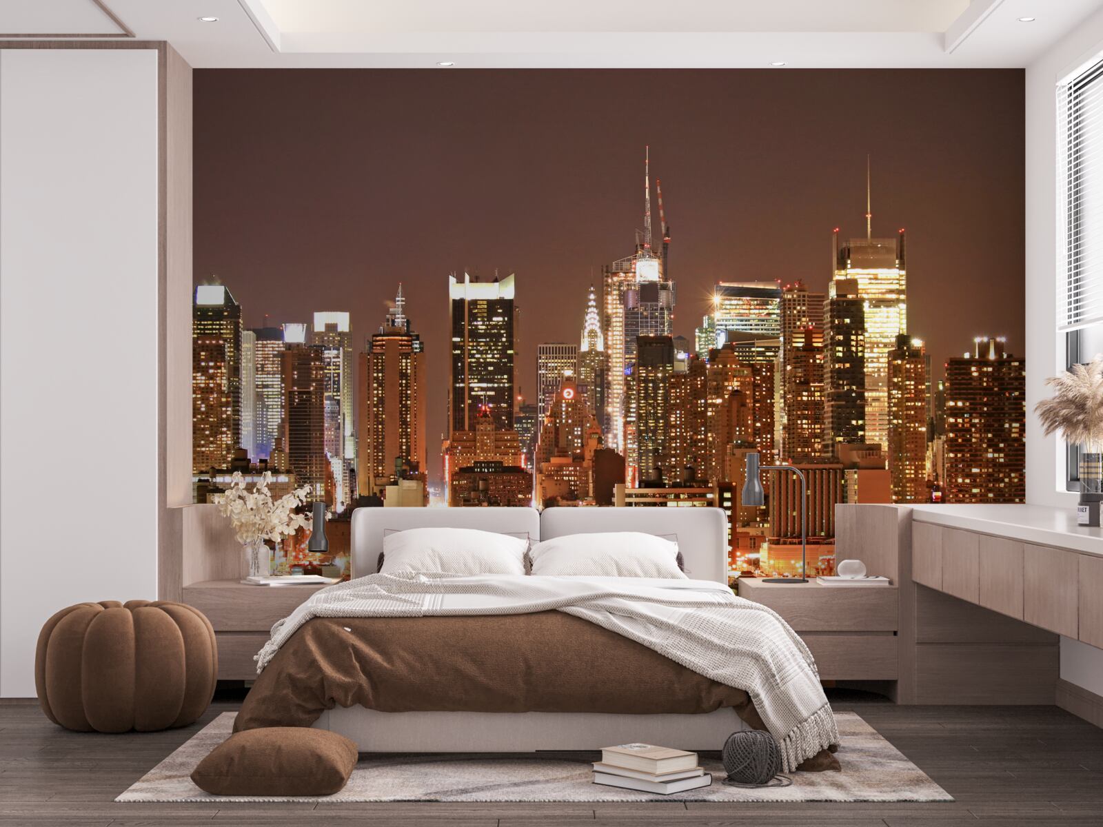 Fotobehang gemoderniseerde stad bij nacht en wolkenkrabbers