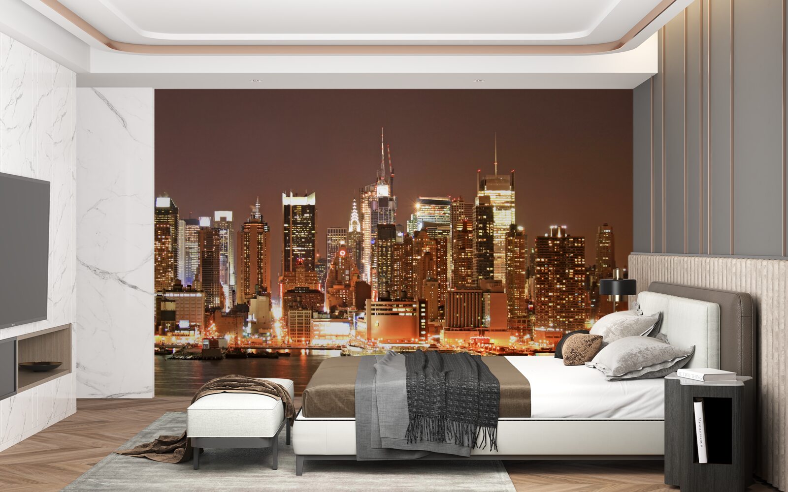 Fotobehang gemoderniseerde stad bij nacht en wolkenkrabbers