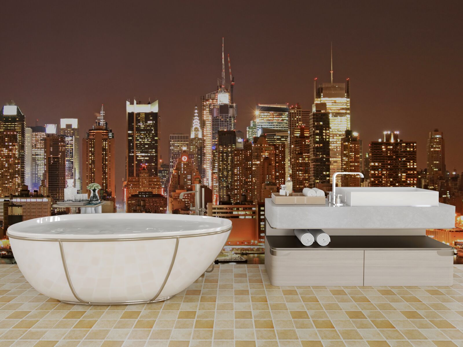 Fotobehang gemoderniseerde stad bij nacht en wolkenkrabbers