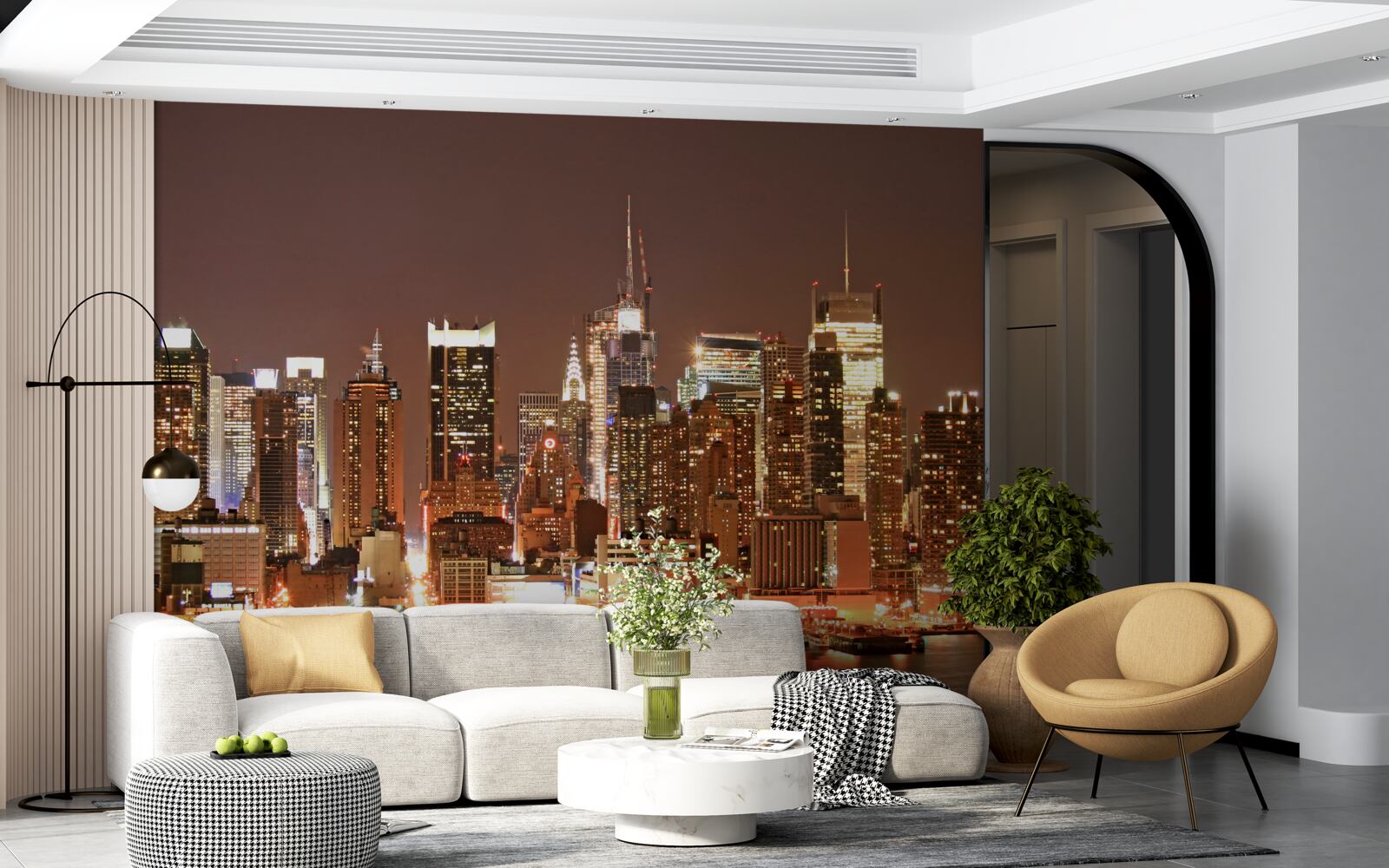 Fotobehang gemoderniseerde stad bij nacht en wolkenkrabbers