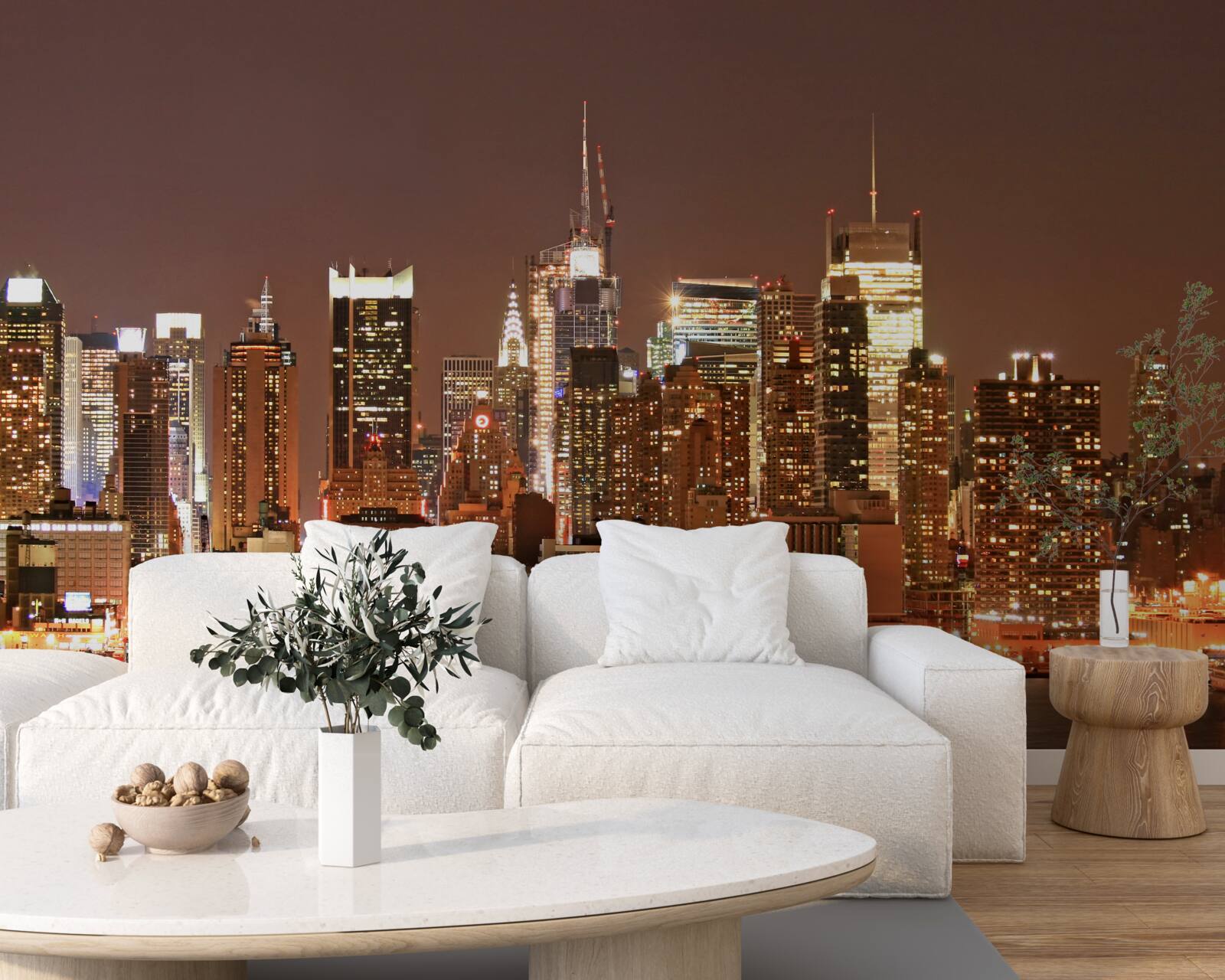 Fotobehang gemoderniseerde stad bij nacht en wolkenkrabbers