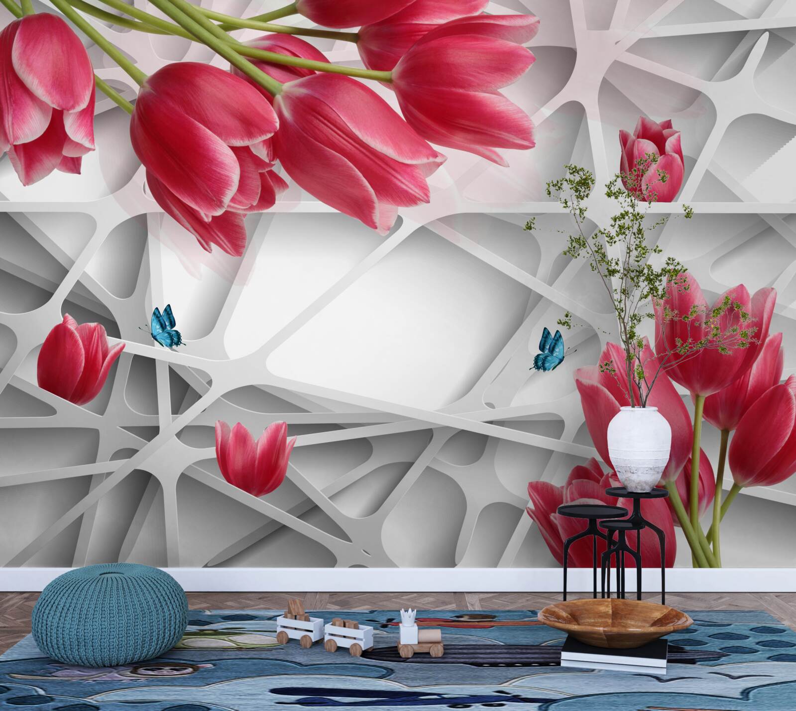 Fotobehang vlinders en scharlakenrode tulpenknoppen