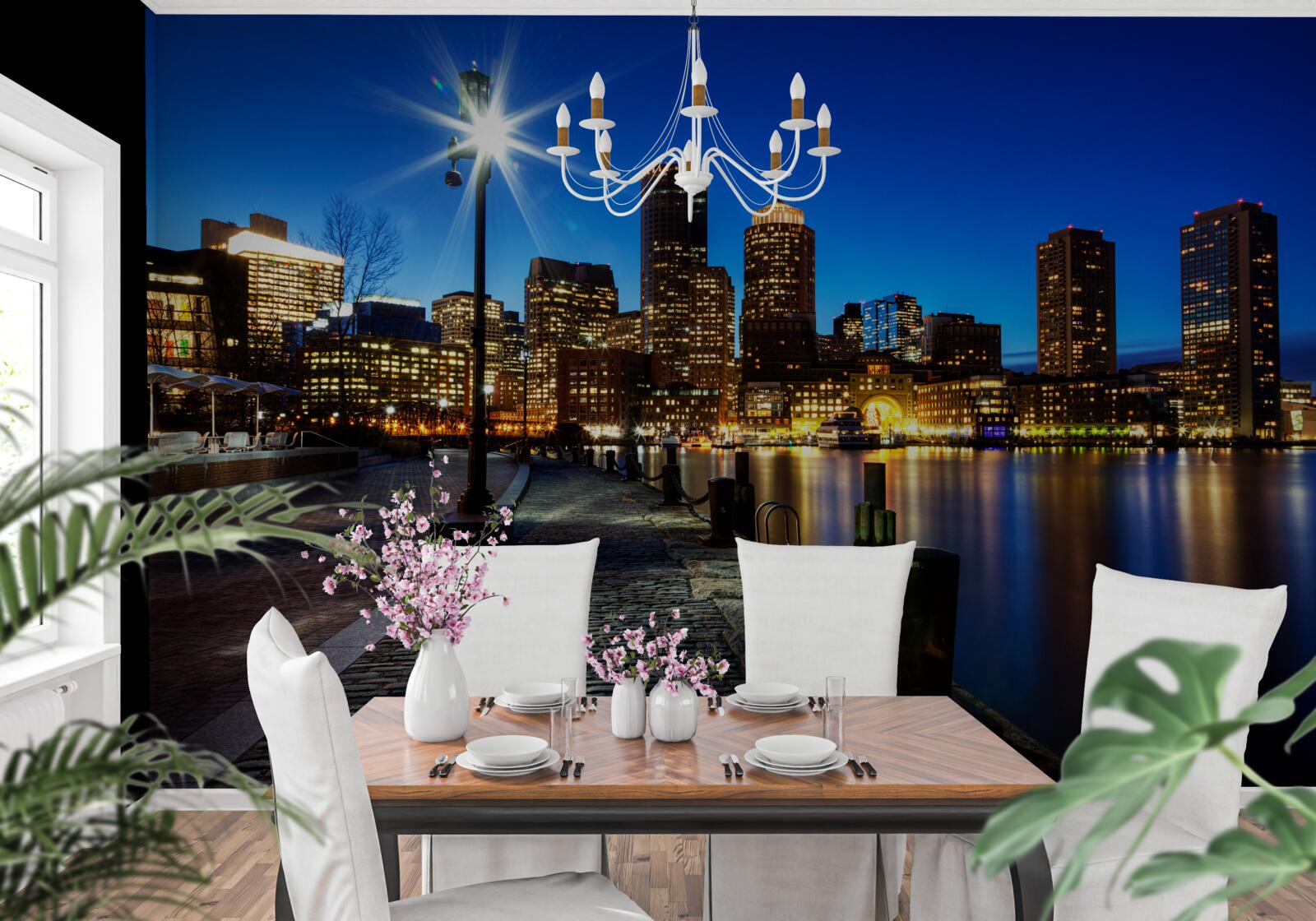 Fotobehang panorama van de stad met uitzicht op de lege dijk