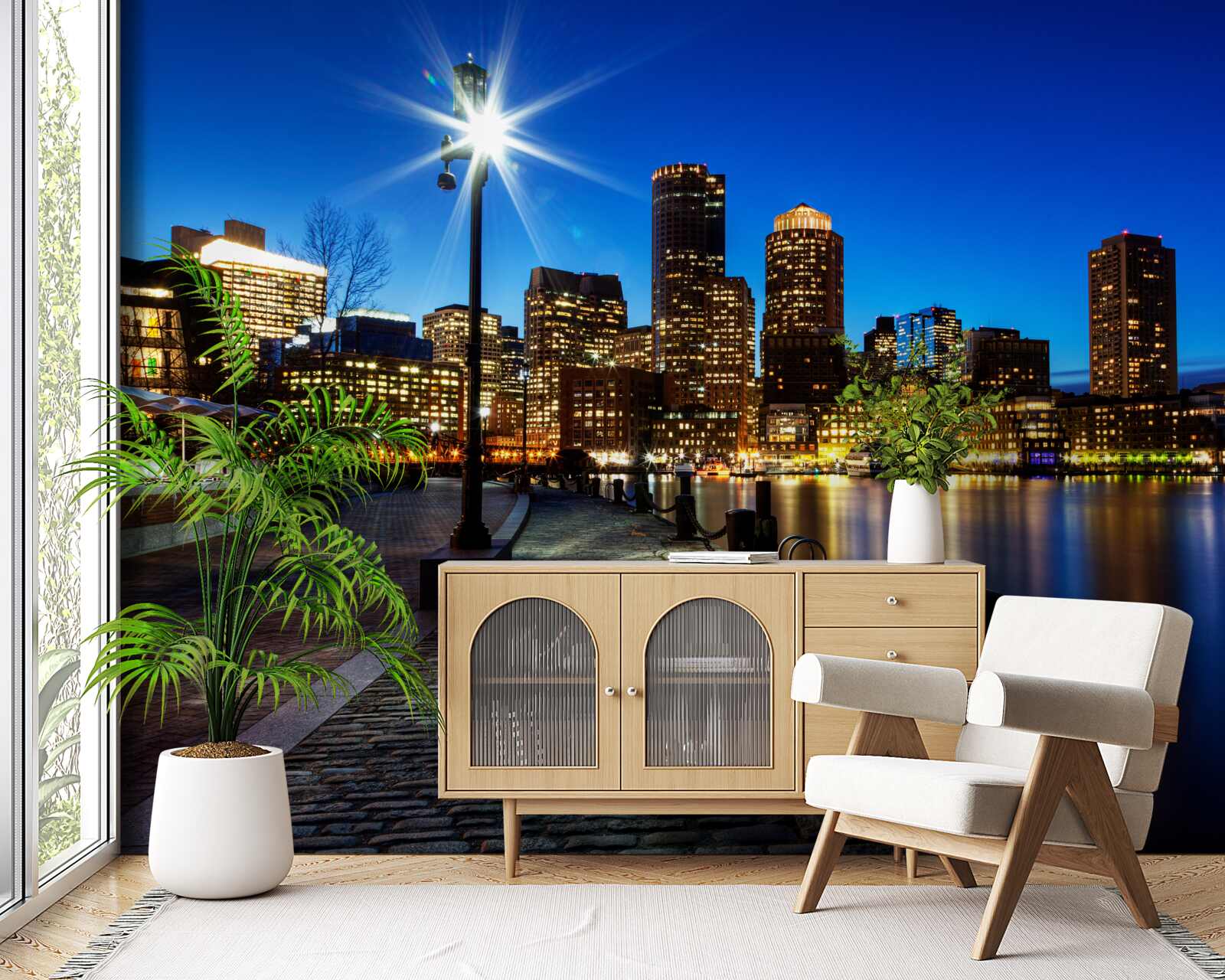 Fotobehang panorama van de stad met uitzicht op de lege dijk