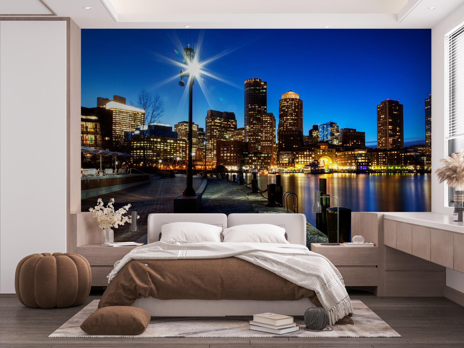 Fotobehang panorama van de stad met uitzicht op de lege dijk