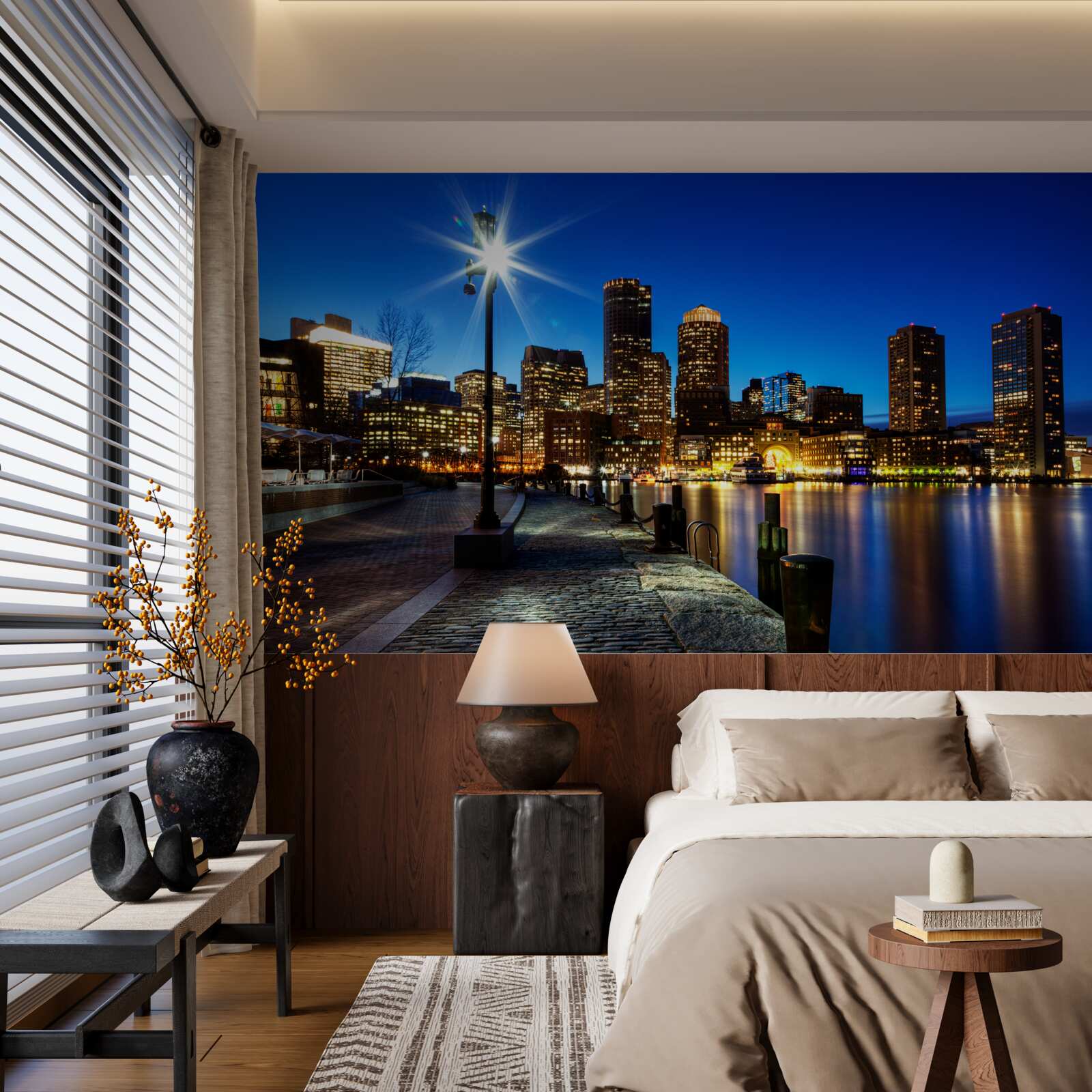 Fotobehang panorama van de stad met uitzicht op de lege dijk