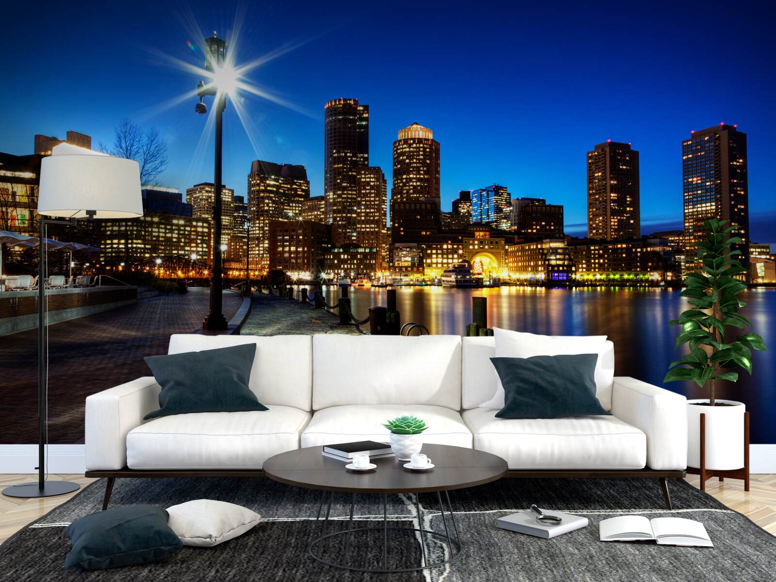 Fotobehang panorama van de stad met uitzicht op de lege dijk