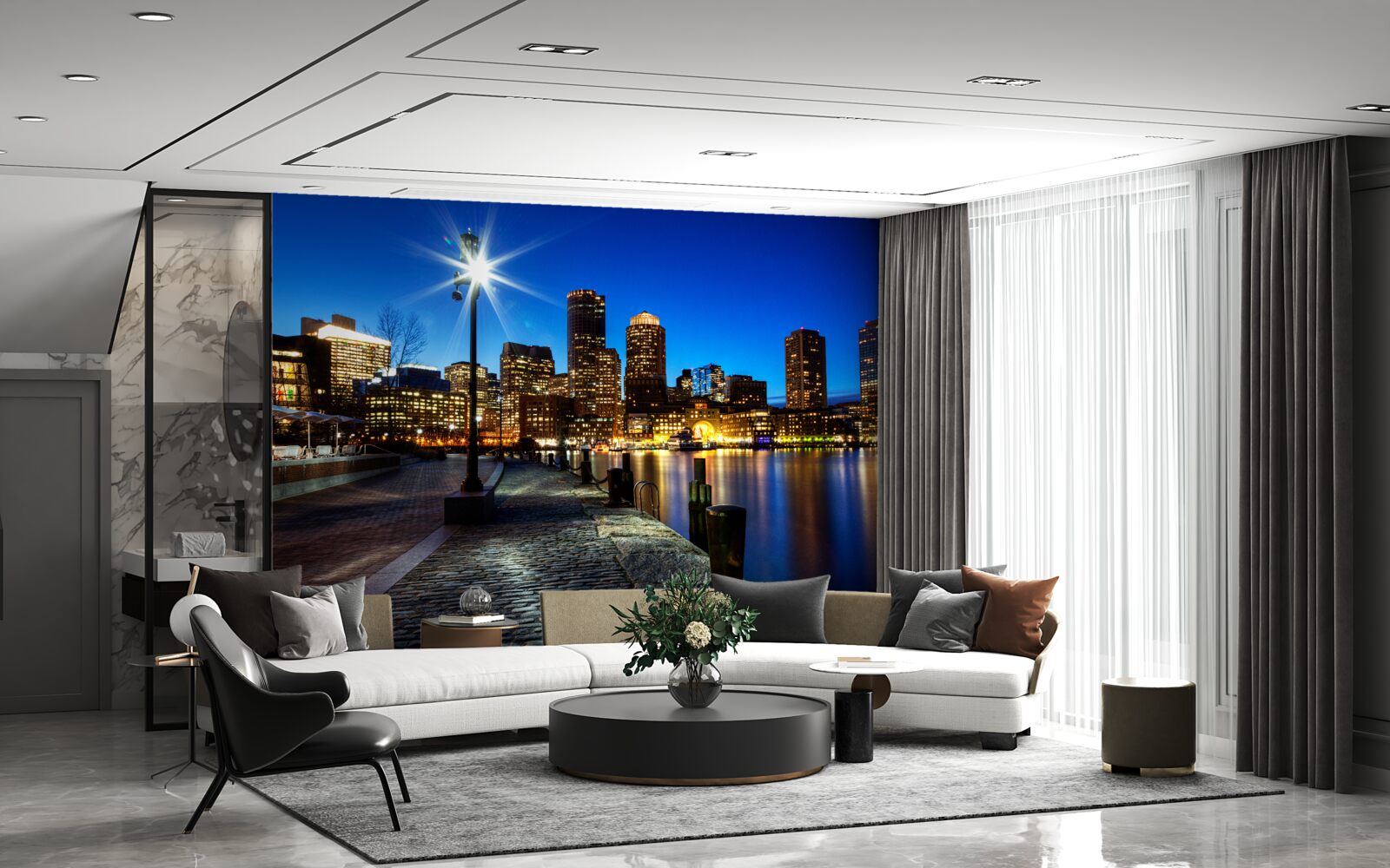 Fotobehang panorama van de stad met uitzicht op de lege dijk