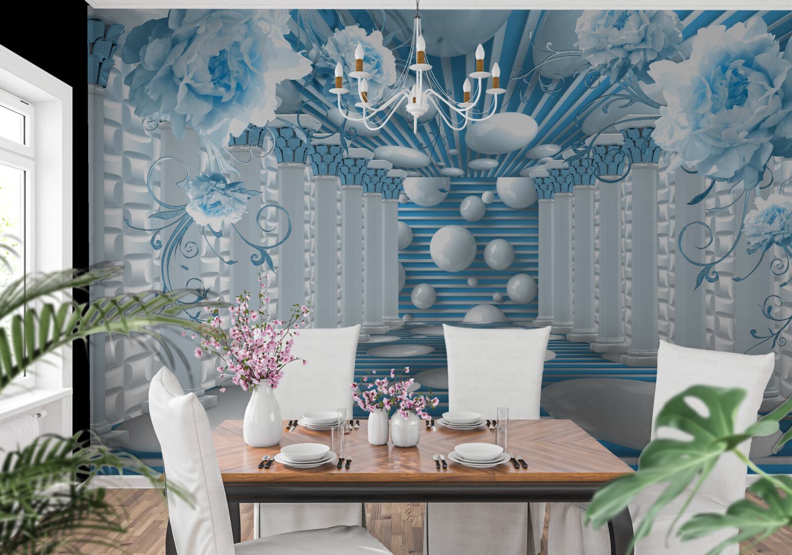 Fotobehang blauwe roos creëert een abstracte tunnel