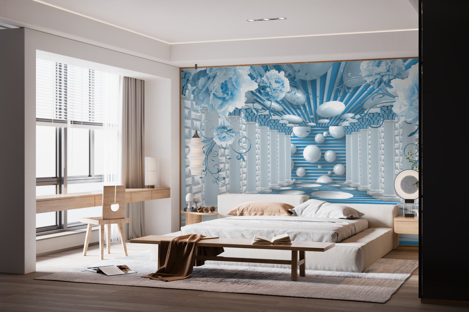 Fotobehang blauwe roos creëert een abstracte tunnel