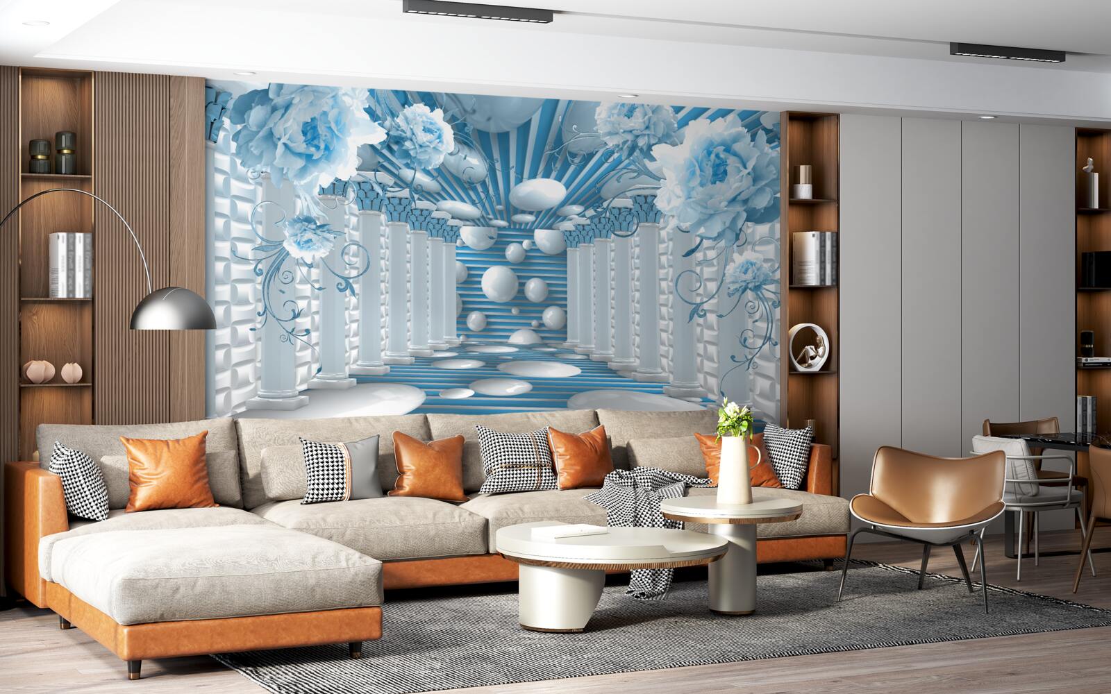 Fotobehang blauwe roos creëert een abstracte tunnel