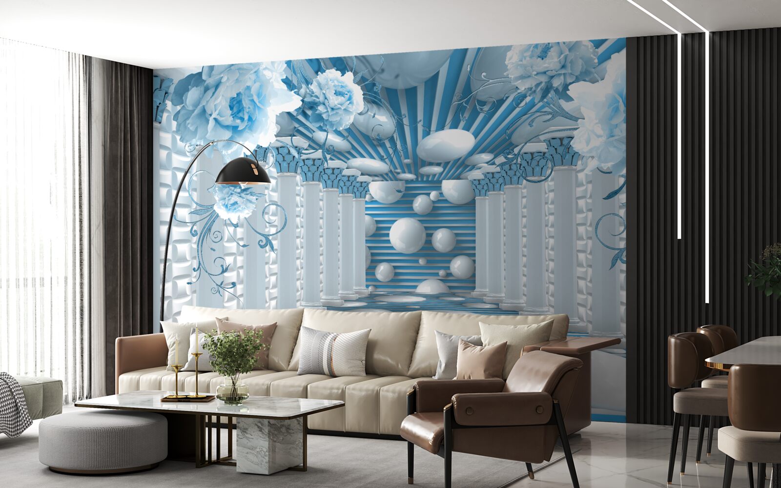 Fotobehang blauwe roos creëert een abstracte tunnel