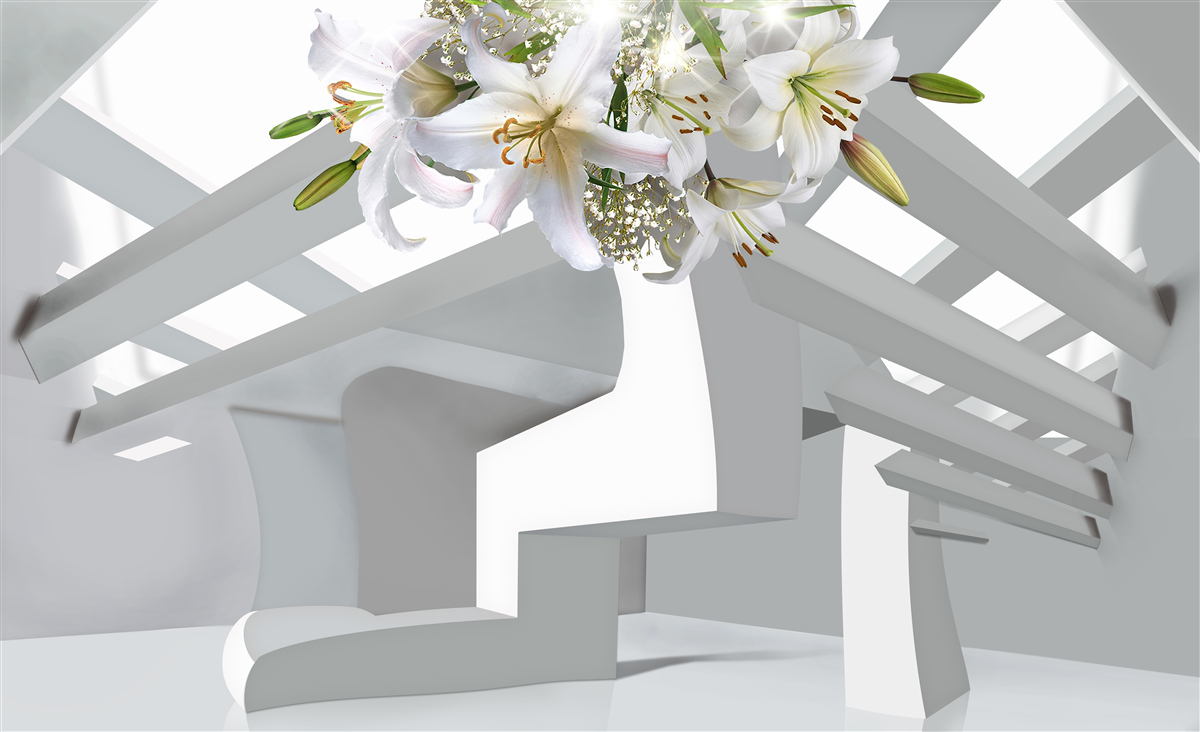 Fotobehang witte lelie en abstracte schilderijen