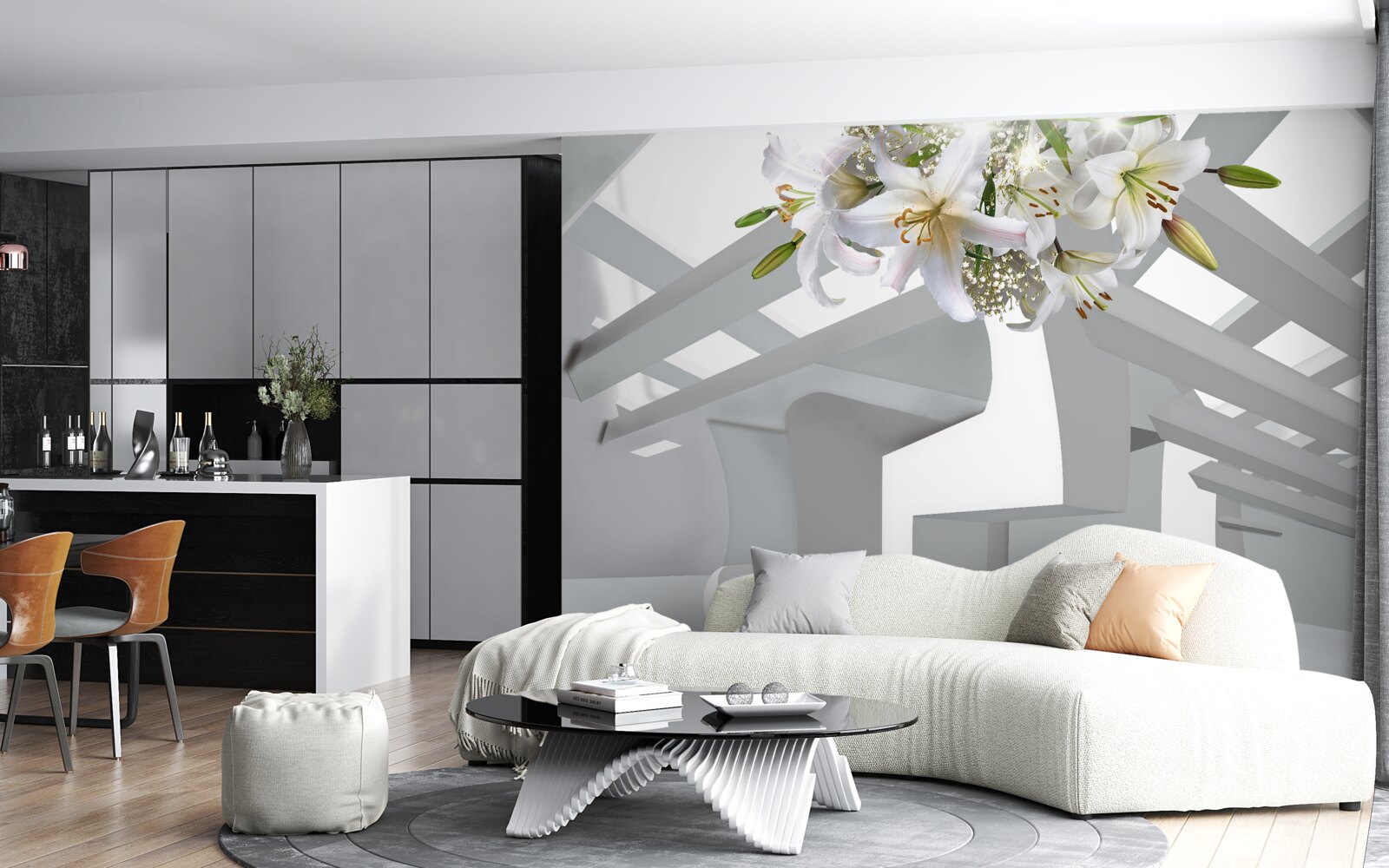 Fotobehang witte lelie en abstracte schilderijen