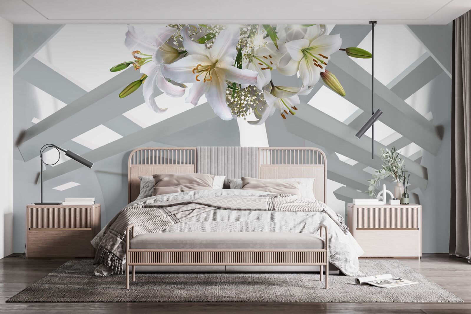 Fotobehang witte lelie en abstracte schilderijen