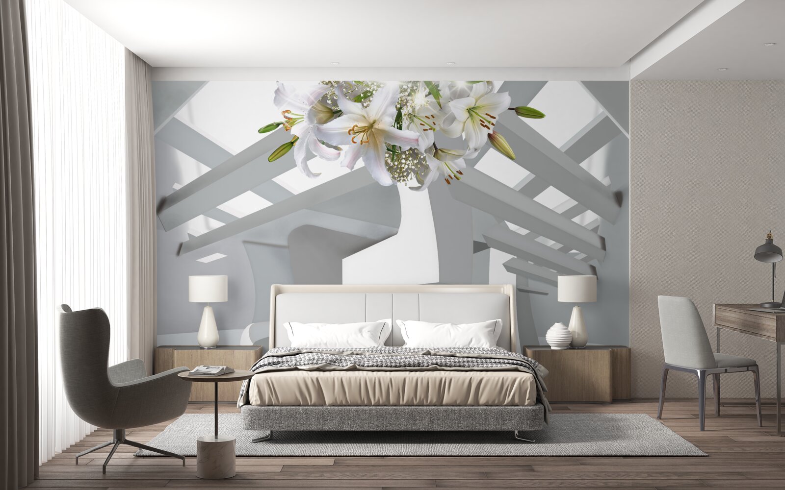 Fotobehang witte lelie en abstracte schilderijen