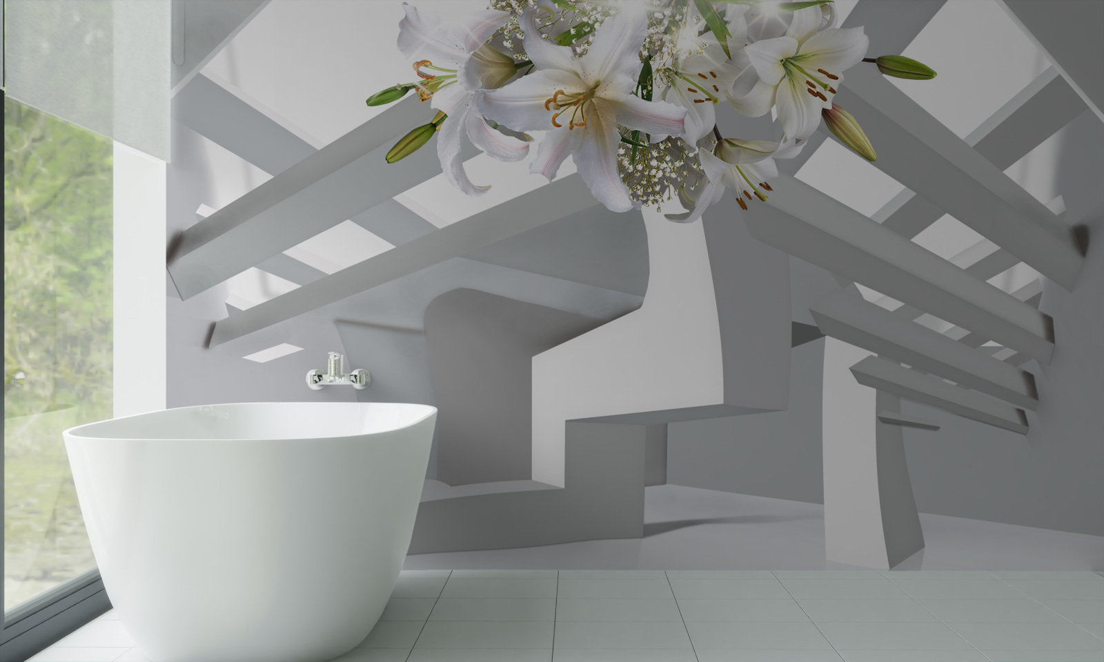 Fotobehang witte lelie en abstracte schilderijen