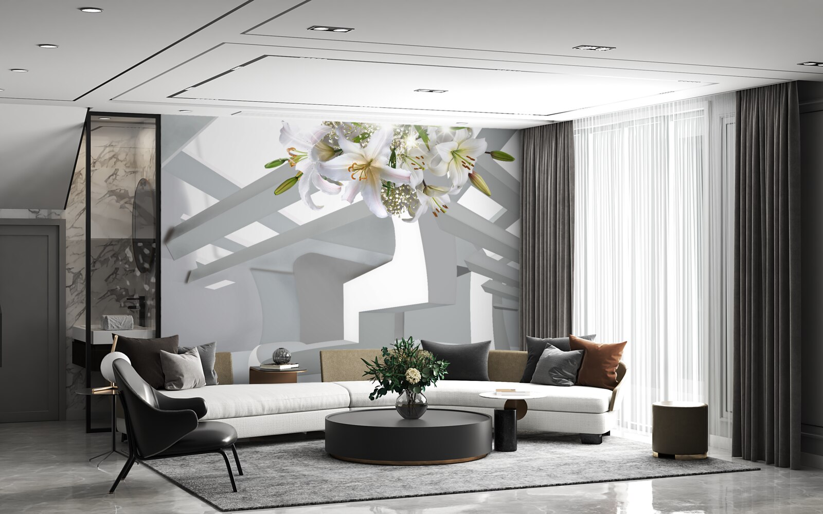 Fotobehang witte lelie en abstracte schilderijen