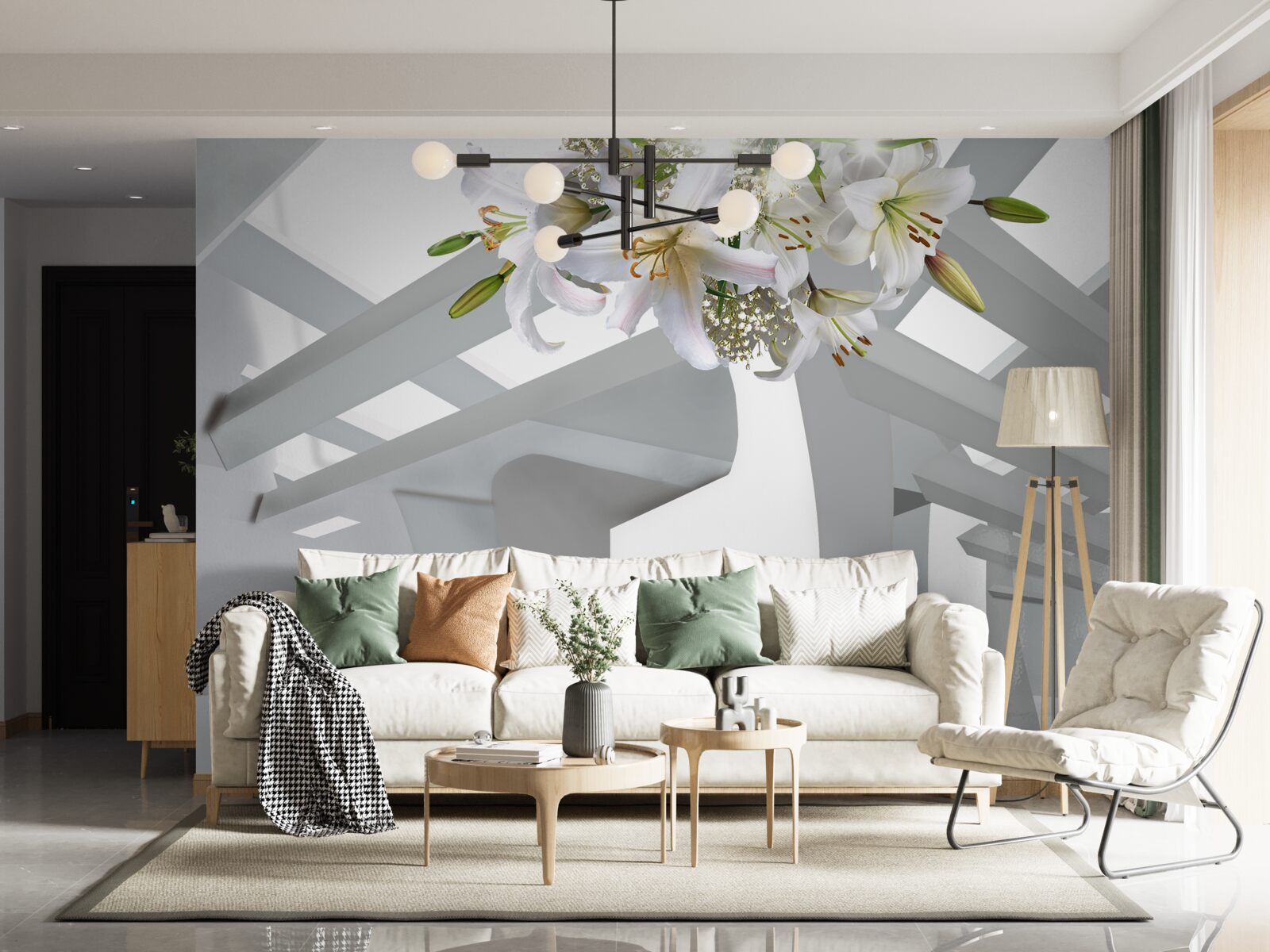 Fotobehang witte lelie en abstracte schilderijen