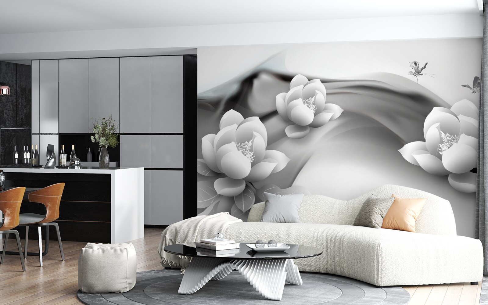 Fotobehang waterlelies in zwart-wit