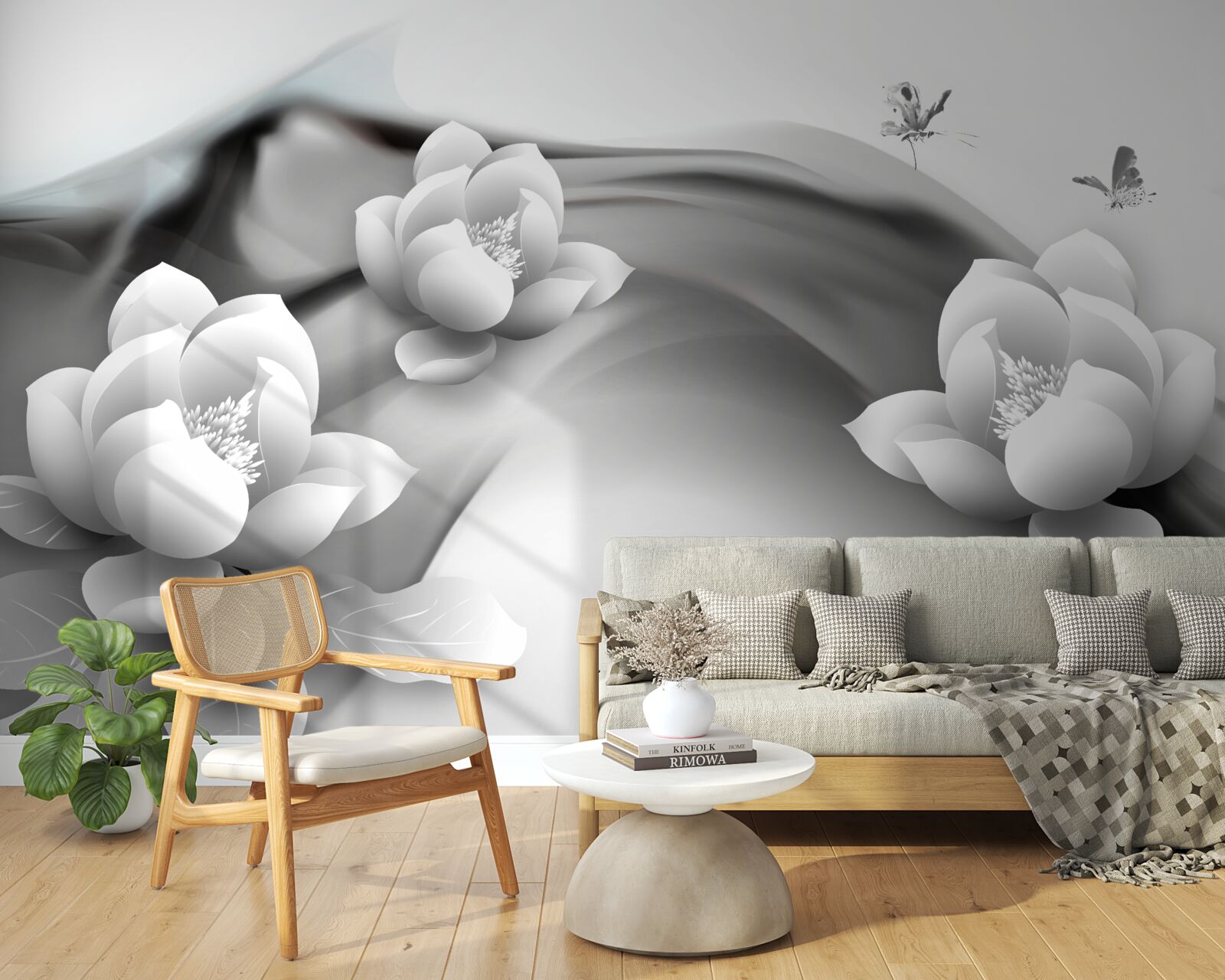 Fotobehang waterlelies in zwart-wit