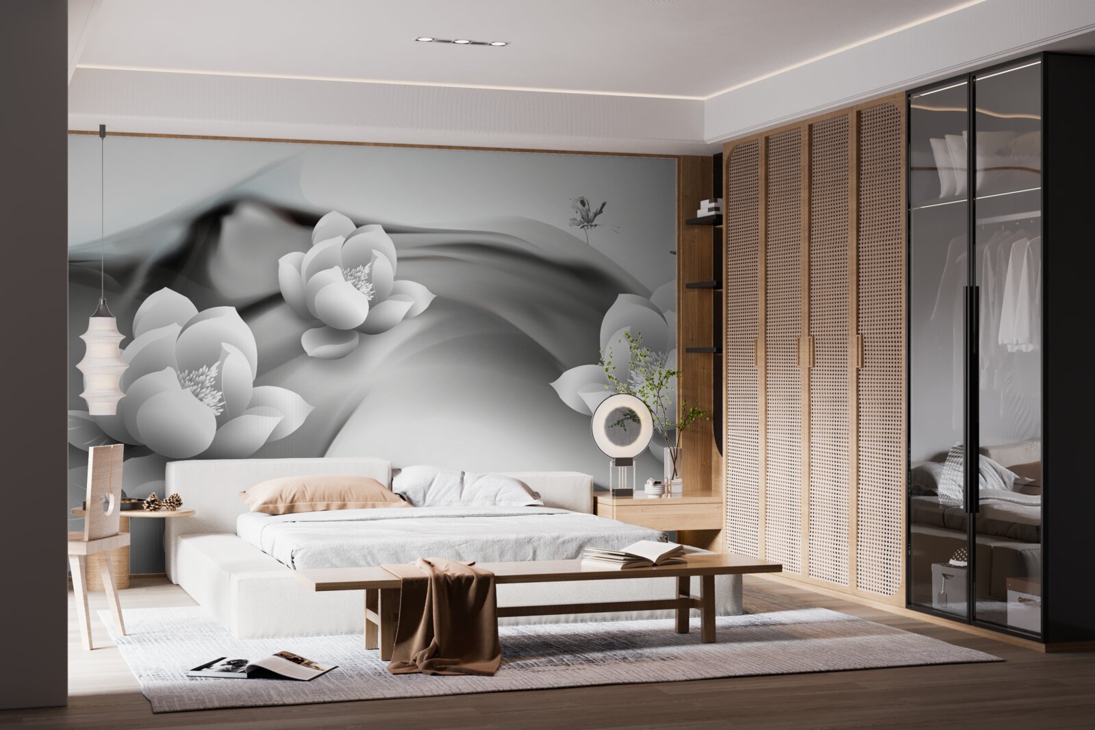 Fotobehang waterlelies in zwart-wit