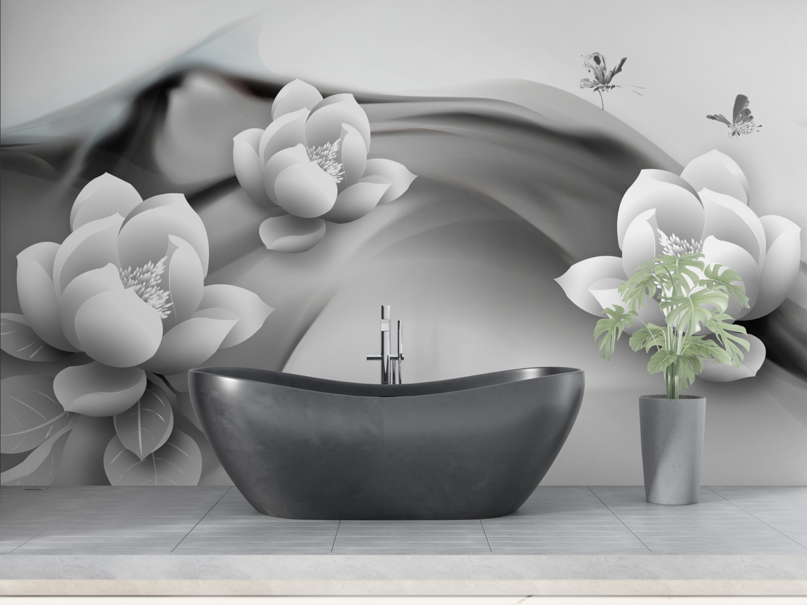 Fotobehang waterlelies in zwart-wit