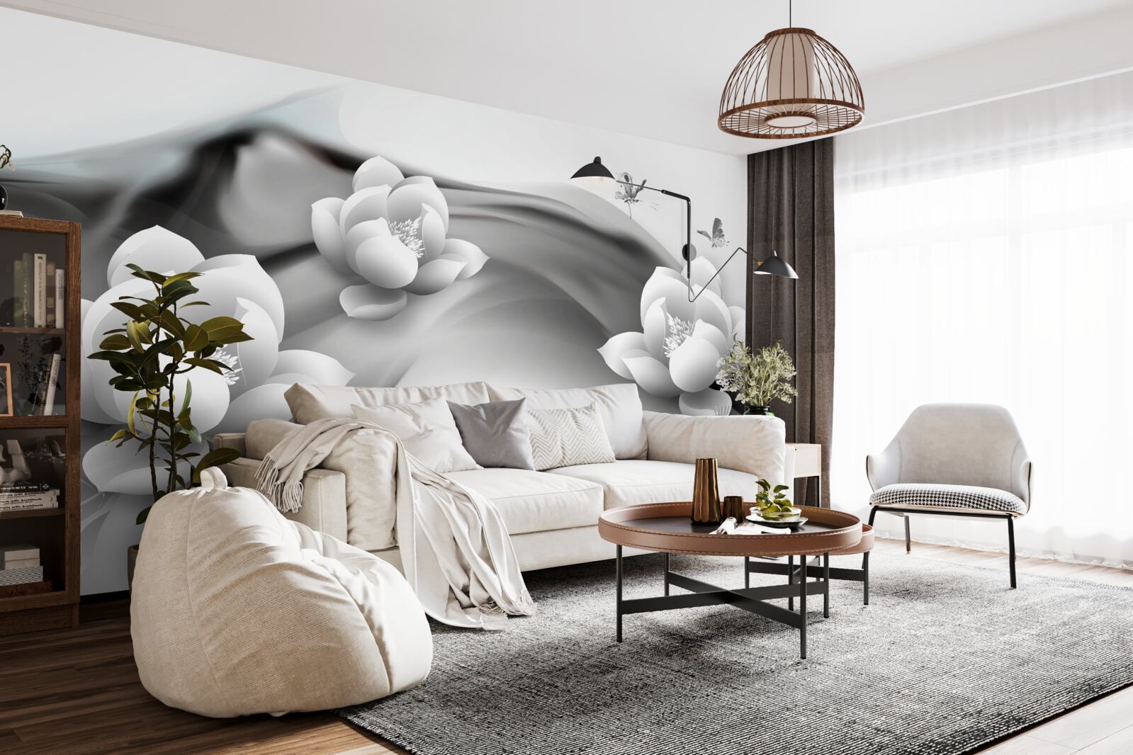 Fotobehang waterlelies in zwart-wit