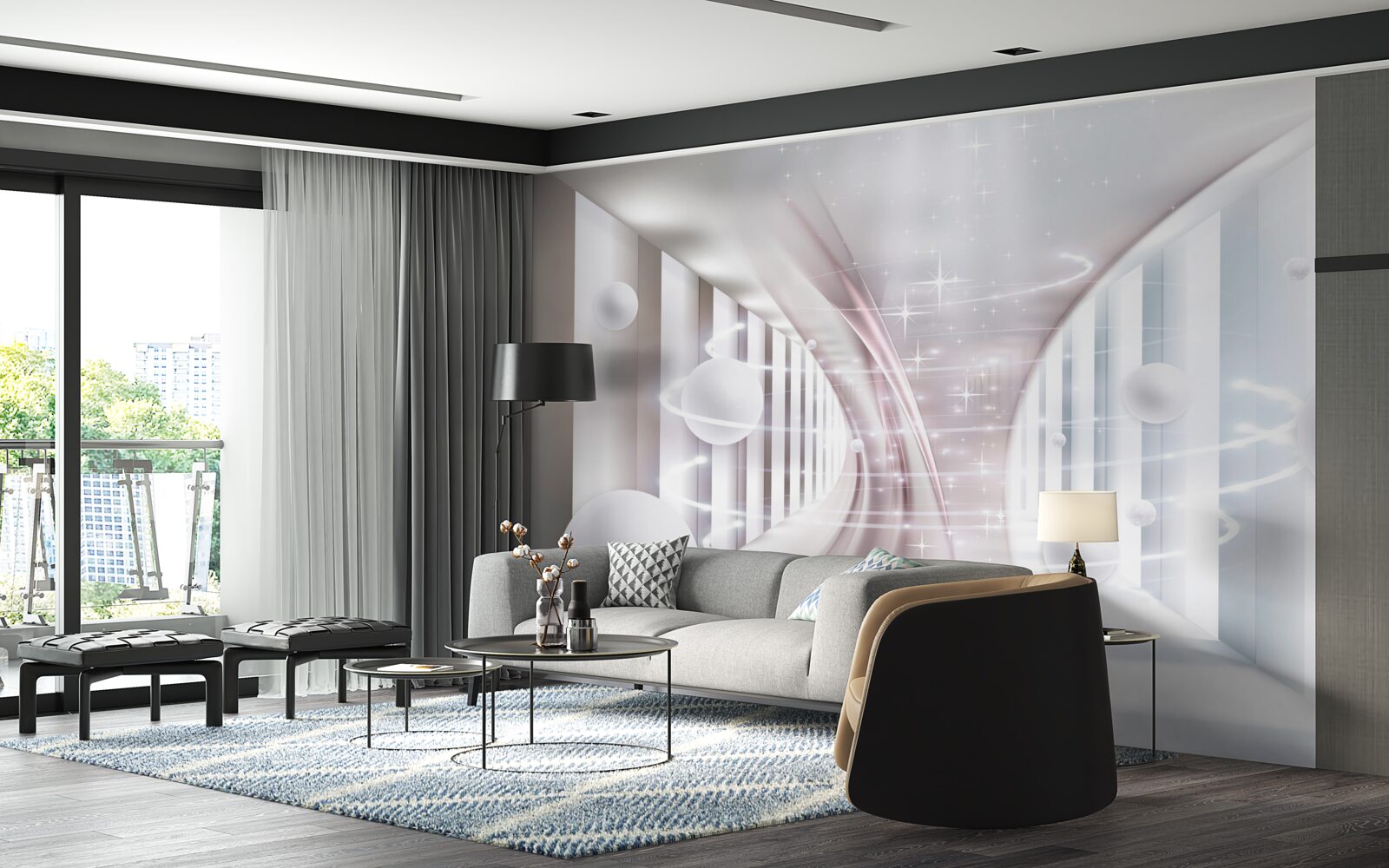 Fotobehang abstracte ballen en een vierkante tunnel