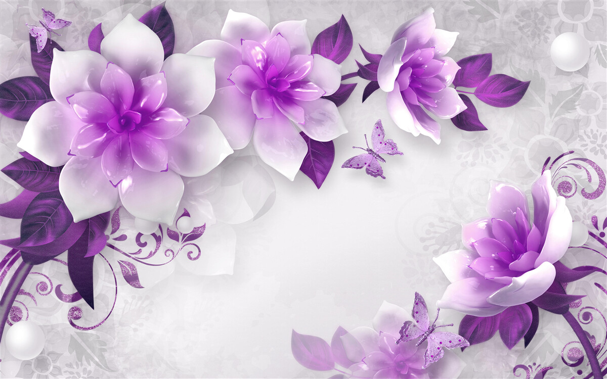 Fotobehang witte achtergrond versierd met paarse bloemen