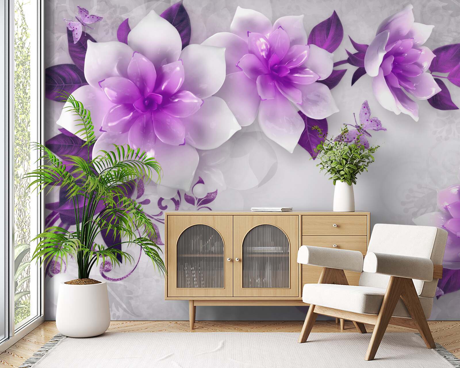 Fotobehang witte achtergrond versierd met paarse bloemen